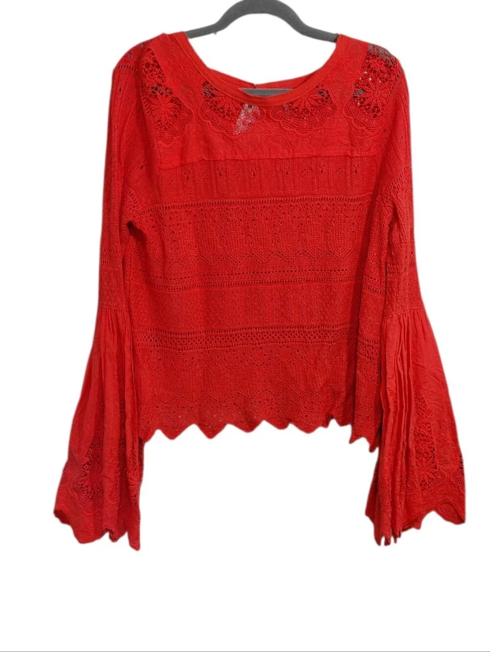 Free People Red Crochet Bell-Sleeve Blouse